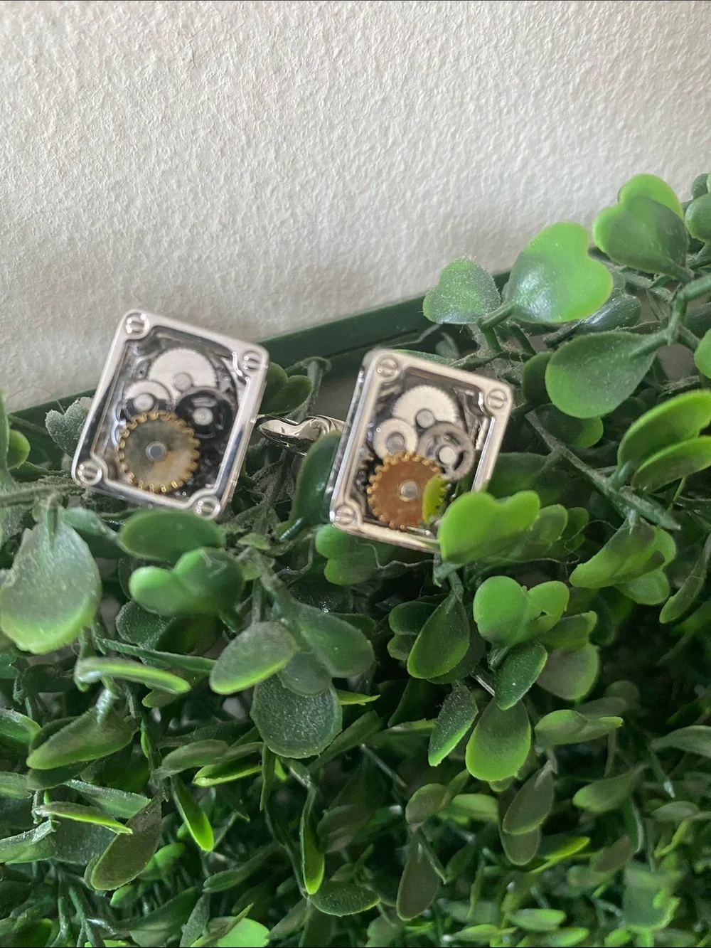 Mechanical Gear Square Cufflinks - Green and Gold